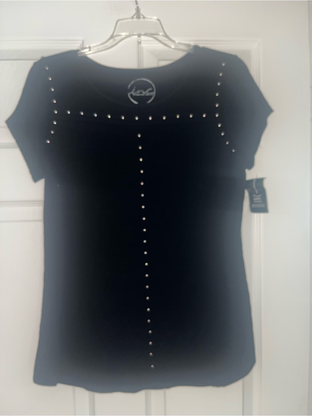 INC International Concepts Black Short Sleeve Top with Silver Studs